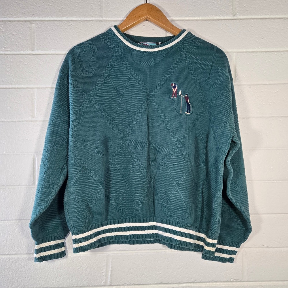 Vtg Tall Timber Golf Sweater Large Teal Cotton Knit Embroidered 90s Country Club